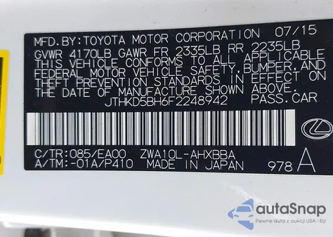 2015 Lexus Ct 200H from USA, damaged, VIN JTHKD5BH6F2248942